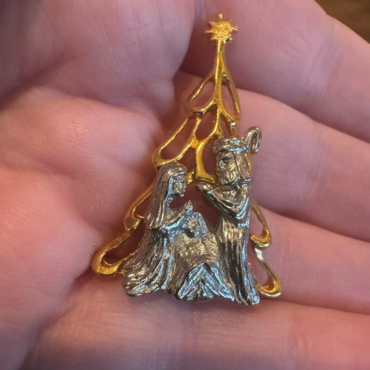 Vintage Nativity Christmas Tree Lapel Pin Signed Liz Baby Jesus Mixed Metal