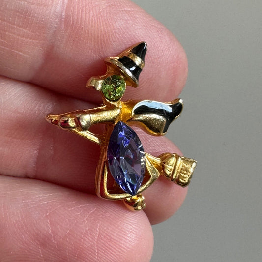 Vintage Halloween Witch on Broom with Hat Lapel Crystal Scatter Pin