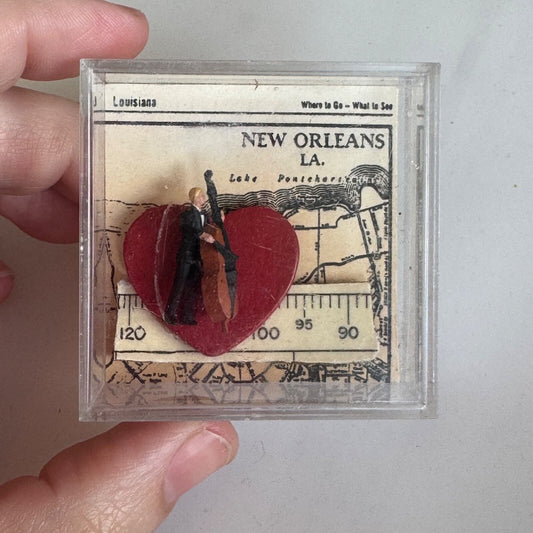 Vintage New Orleans Clay Brooch Double Bass Player Heart Pin Map in Lucite Box