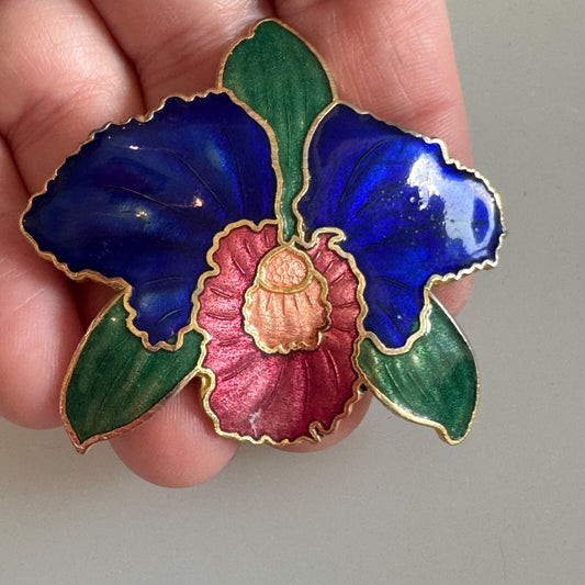 Vintage Orchid Cloisonne Brooch Pin Bold Colors Blue Green Pink Enamel