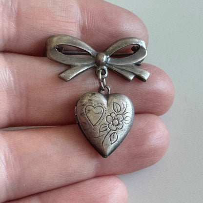 Silver Tone Dangle Locket Brooch Pin Bow Heart Shaped Flower