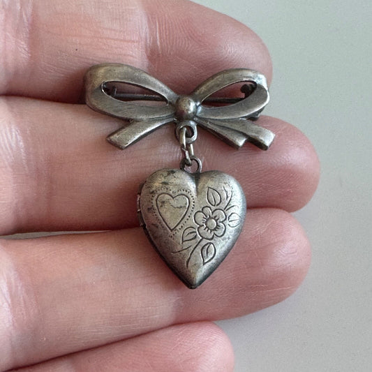 Silver Tone Dangle Locket Brooch Pin Bow Heart Shaped Flower