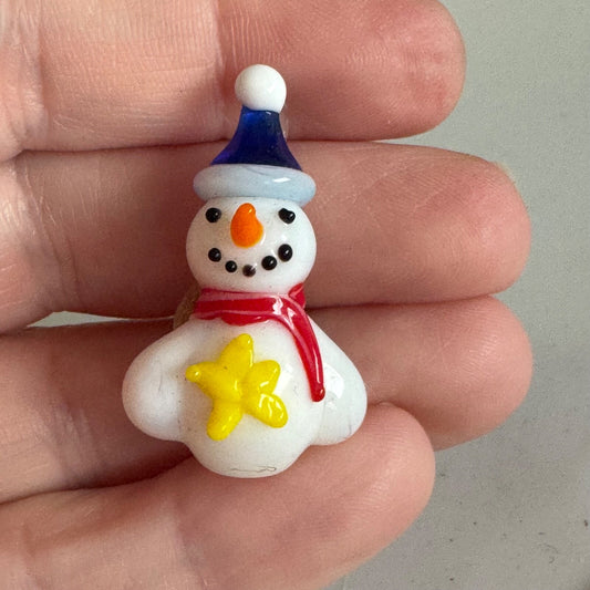 Vintage Artisan Fused Glass Snowman Pin Holiday Winter Brooch Pin Blue Hat Star