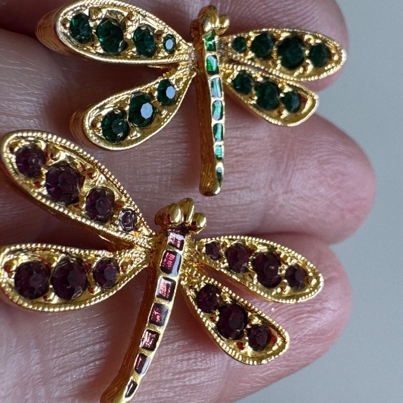 Vtg Nolan Miller Duette of Dragonfly Scatter Pins Purple Green Stones Gold Tone