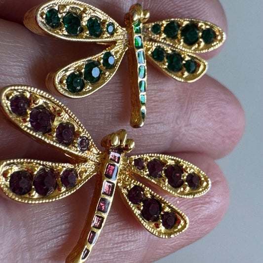 Vtg Nolan Miller Duette of Dragonfly Scatter Pins Purple Green Stones Gold Tone