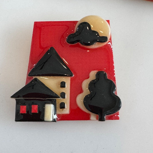 Vintage House Pins by Lucinda Red Black Cream Brooch Pin Trees Cloud Moon Sun