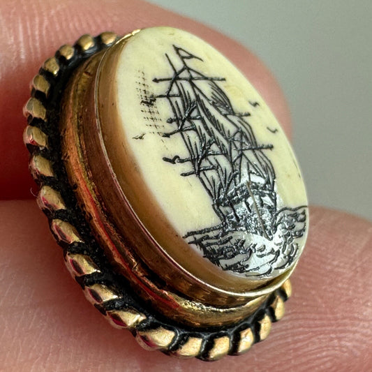 Vintage Nautical Scrimshaw Sailboat Sailing Ship Galleon Tie Tack Lapel Pin