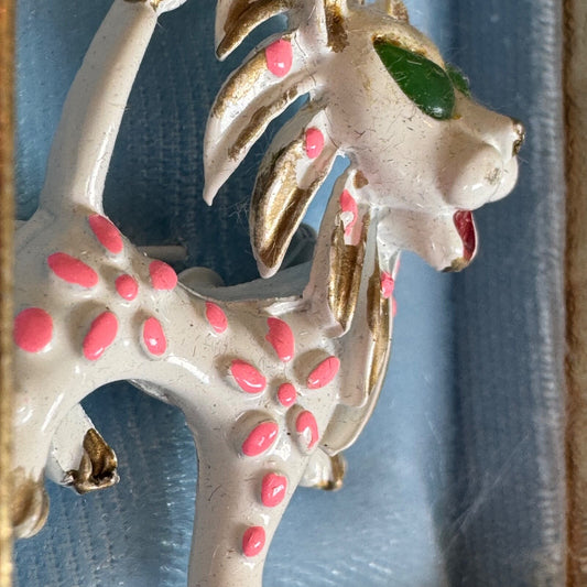 Vintage White Enamel Lion Brooch Pink Green Eyes Precious Pins Pin