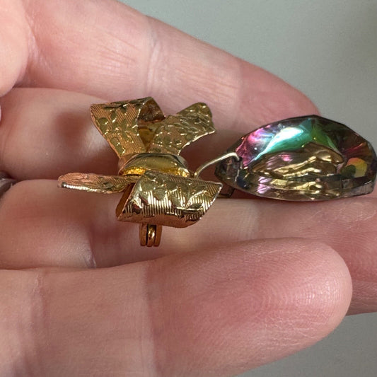 Vintage Bow Brooch Dangle Reverse Carved Praying Hands Rainbow Glass Pin