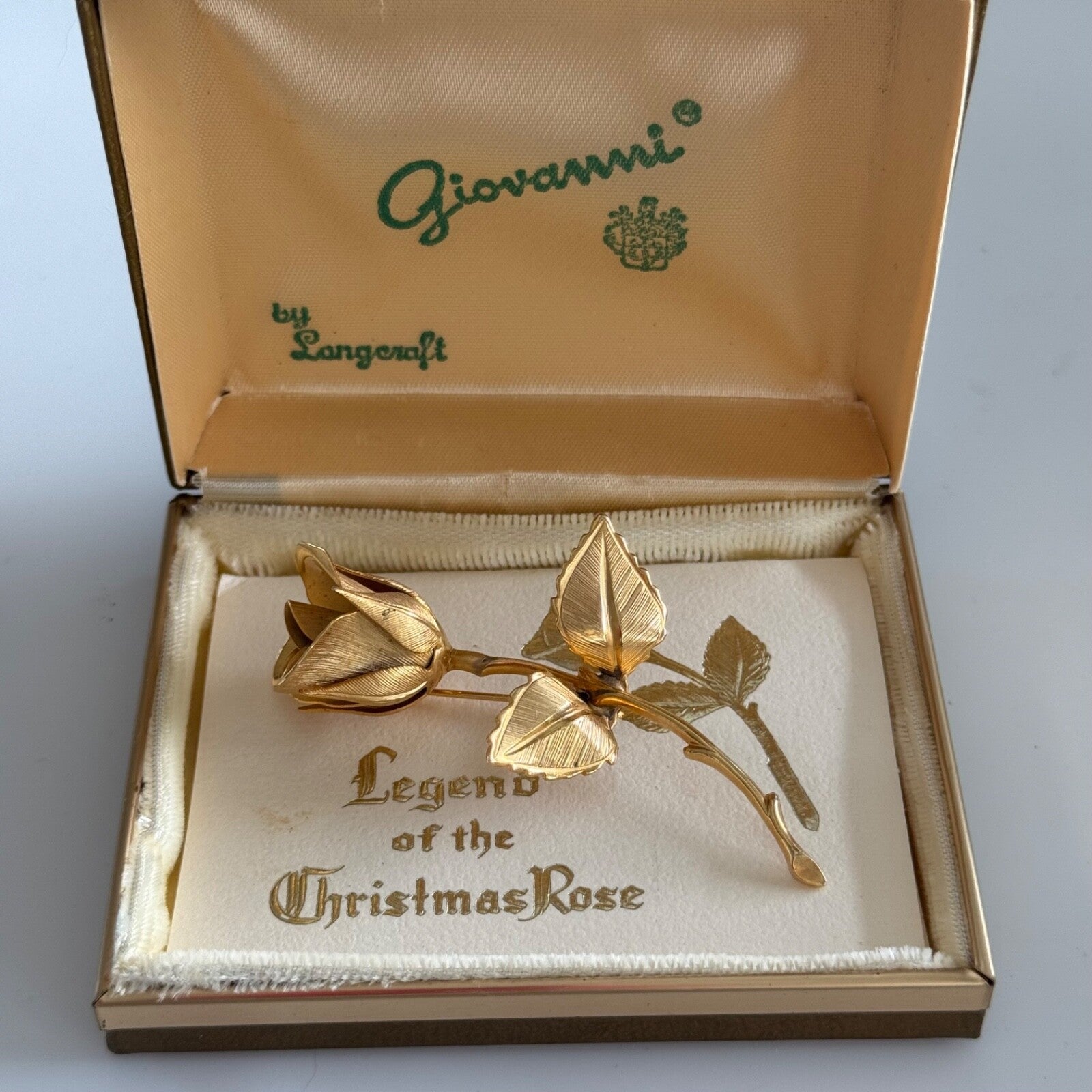 Vintage Giovanni Legend of the Christmas Rose Gold Tone Brooch in Original Box