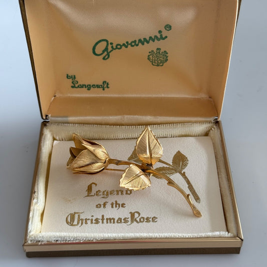 Vintage Giovanni Legend of the Christmas Rose Gold Tone Brooch in Original Box