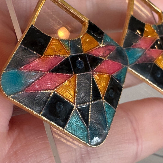 Vintage Patchwork Cloisonne Dangle Earrings Pink Blue Black 