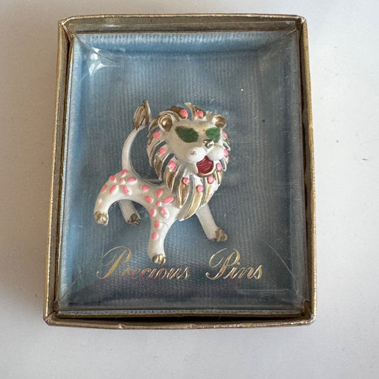 Vintage White Enamel Lion Brooch Pink Green Eyes Precious Pins Pin