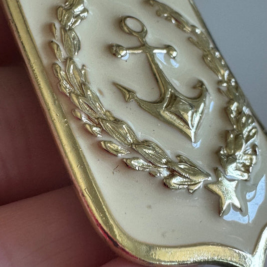Vintage Nautical Heraldic Anchor Enamel Brooch Gold Tone Cream Enamel Crest