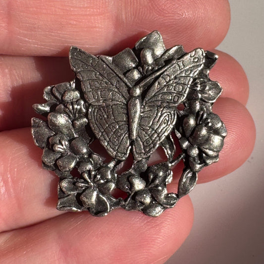 Vintage Butterfly Flower Wreath Pewter Birds & Blooms Brooch Pin