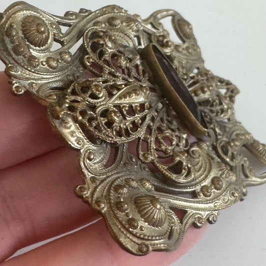 Antique Victorian Filigree Sash Brooch Pin Purple Stone Art Nouveau