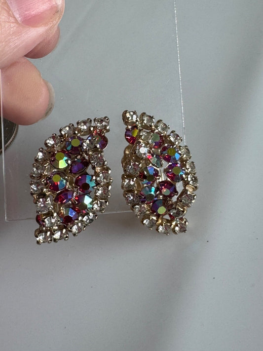 Aurora Borealis Rhinestone Clip-On Earrings Twist – Red Pink AB & Clear Marquise