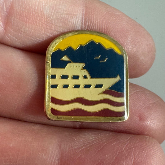 Vintage Cruise Ship Mountains Gulls Lapel Pin Souvenir Tourist