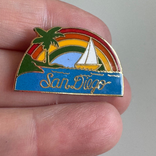 Vintage San Diego Enamel Lapel Pin Rainbow Sailboat Palm Tree