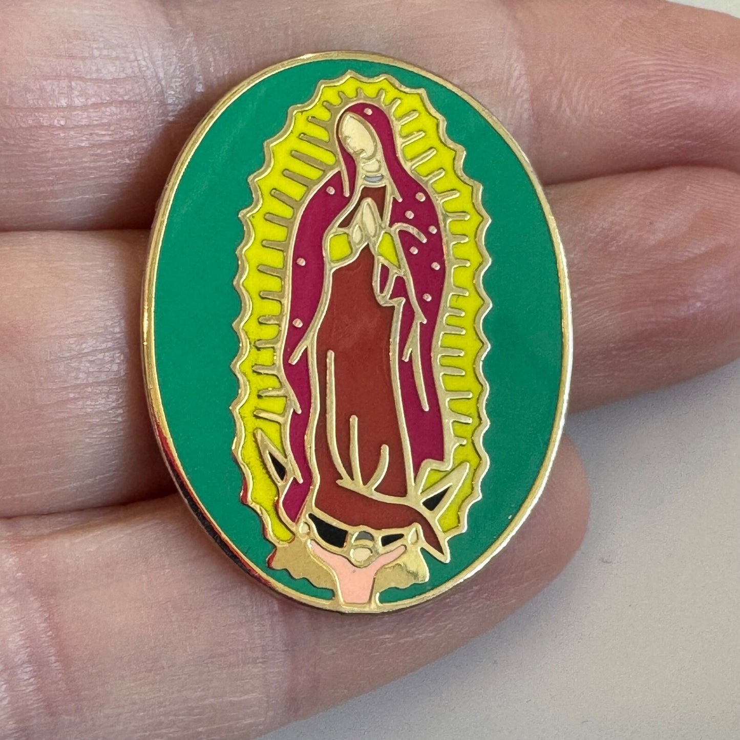 Our Lady of Guadalupe Vibrant Green and Gold Enamel Devotional Pin