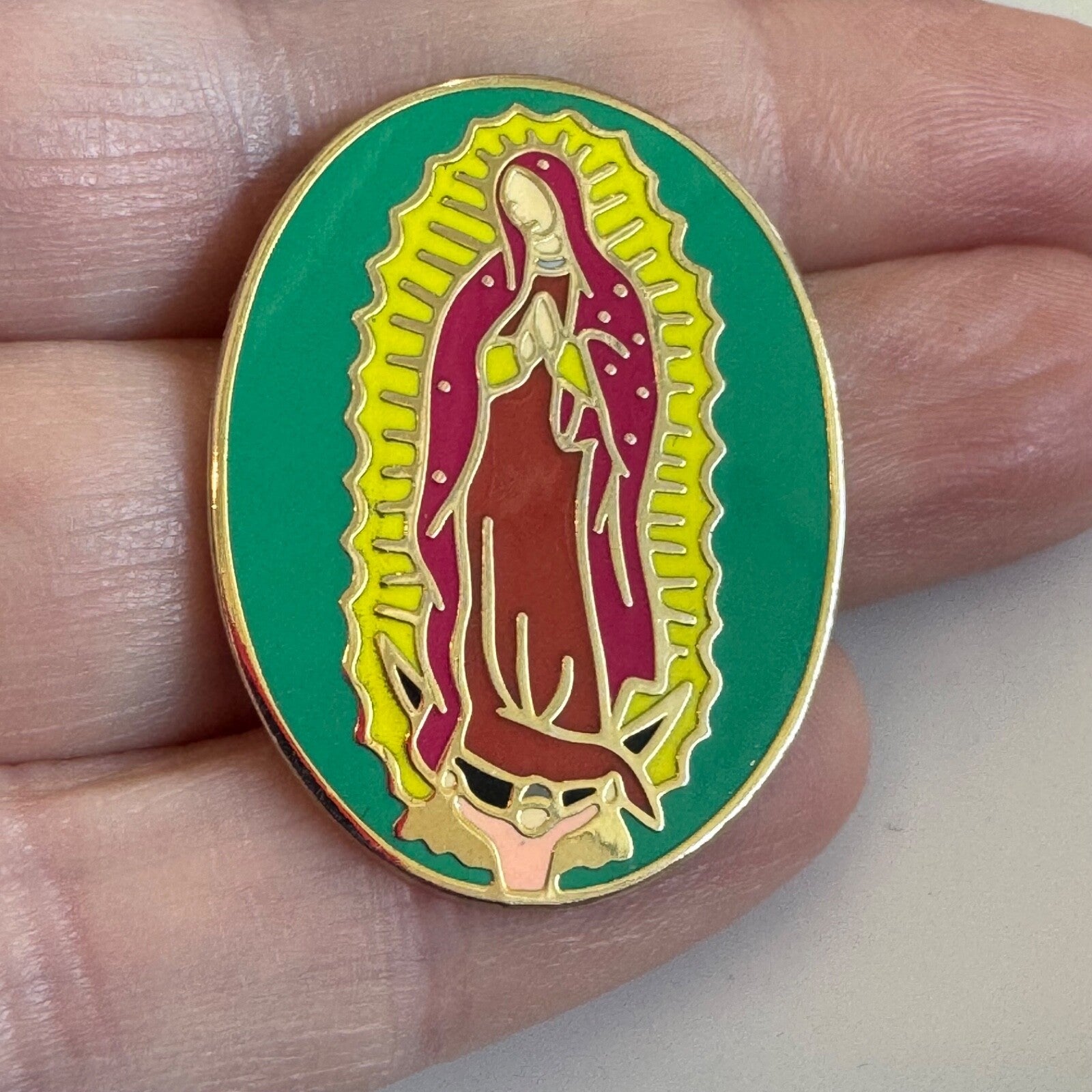 Our Lady of Guadalupe Vibrant Green and Gold Enamel Devotional Pin