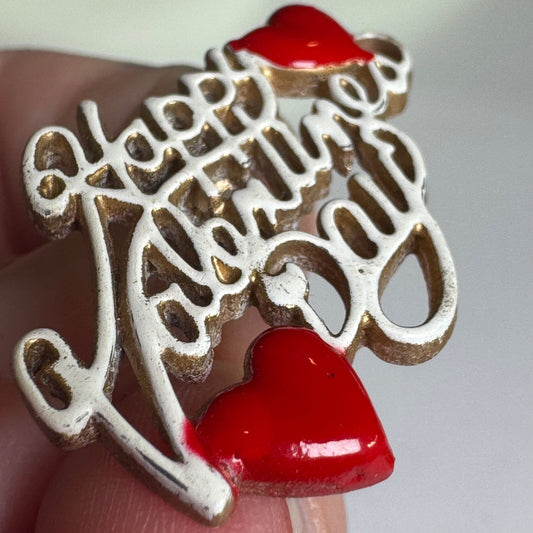 Vintage Happy Valentines Day Enamel Heart Brooch Lapel Pin White Red