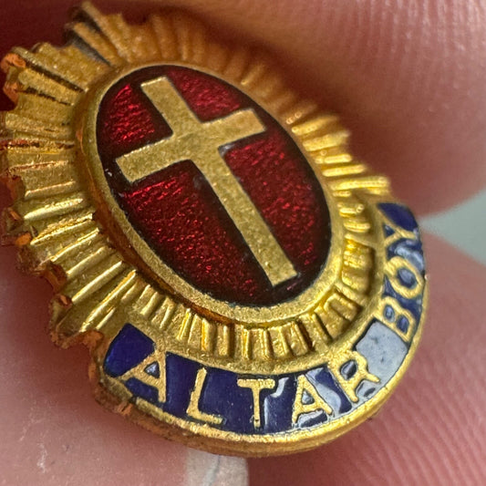 Vintage Altar Boy Catholic Cross Cloisonne Lapel Pin Gold Tone