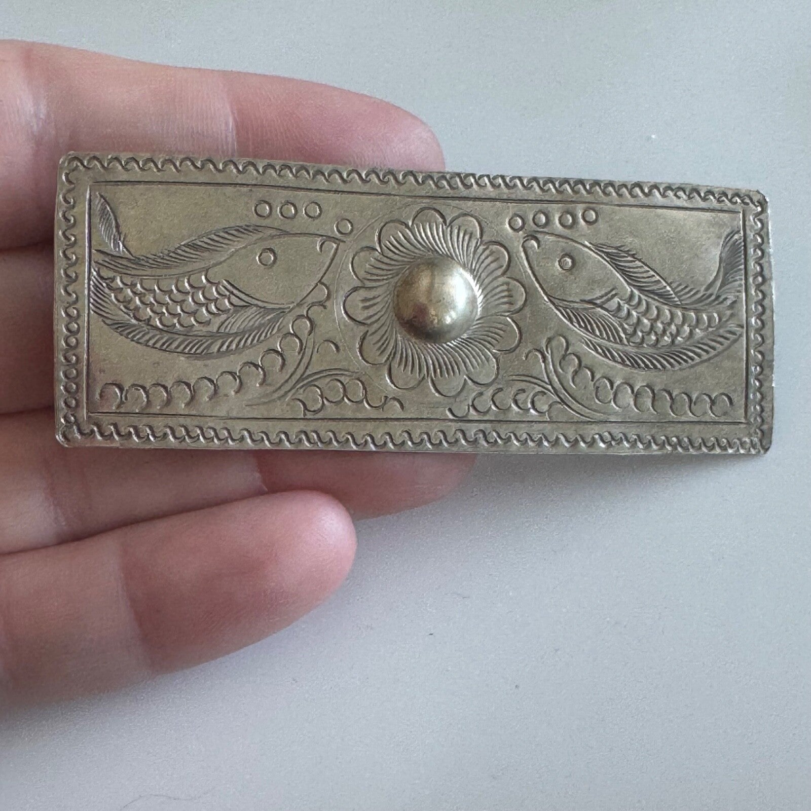 Hand Carved Silver Toned Metal Fish and Flower Brooch Pin Southwestern