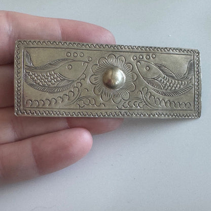 Hand Carved Silver Toned Metal Fish and Flower Brooch Pin Southwestern