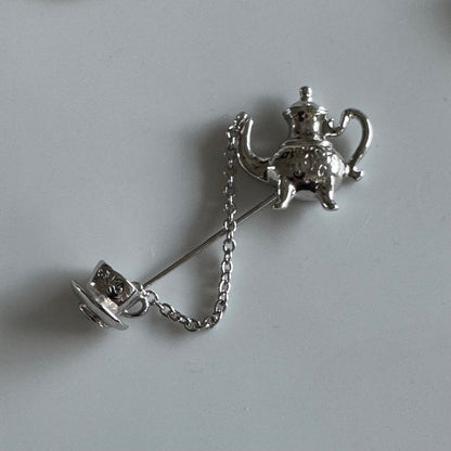 Vintage Avon Teapot and Tea Cup Stick Brooch PIN Silver Tone 2"