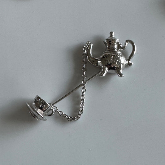 Vintage Avon Teapot and Tea Cup Stick Brooch PIN Silver Tone 2"