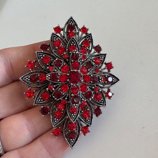 Vintage Look Silver Tone Rhinestone Red Crystal  Bouquet Brooch Pin