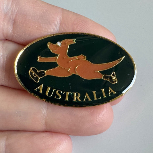 Australia Kangaroo Running Pin – Gold & Black Oval Travel Souvenir