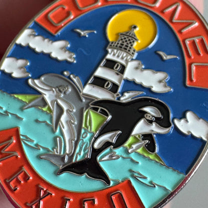 Cozumel Mexico Dolphin Orca Lighthouse Souvenir Lapel Pin