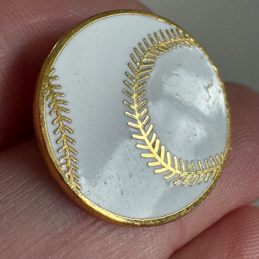 Vintage White Enamel Baseball Pin Gold Stitch Sports Collectible