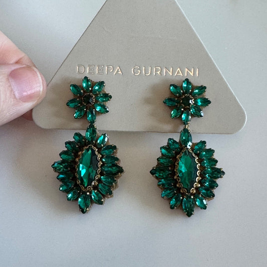 Deepa Gurnani Alianah Crystal Drop Earrings Emerald Color New On Card Pierced