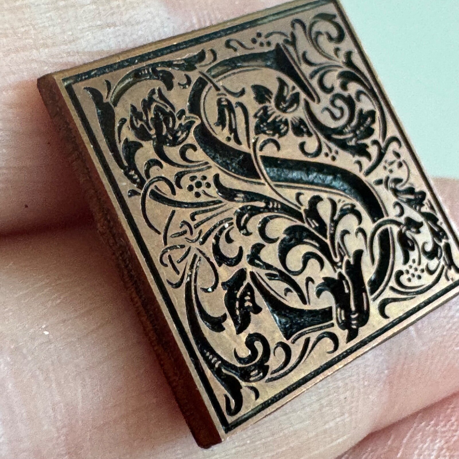 Letter S Monogram Copper Colored Carved Brooch Pin