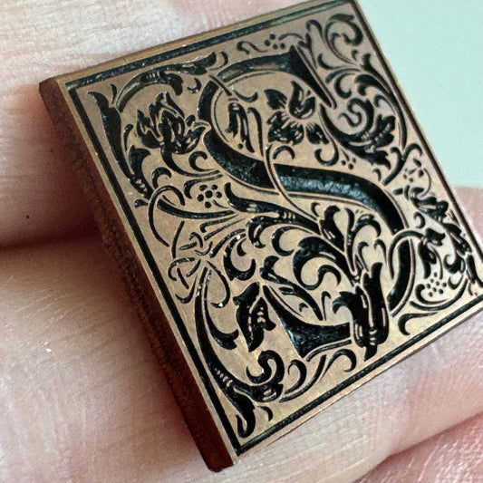 Letter S Monogram Copper Colored Carved Brooch Pin