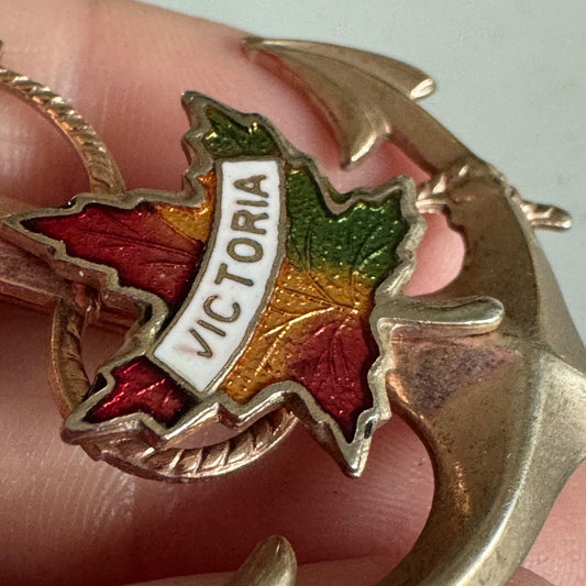 Vintage Victoria Anchor Maple Leaf Enamel Pin Canada Souvenir