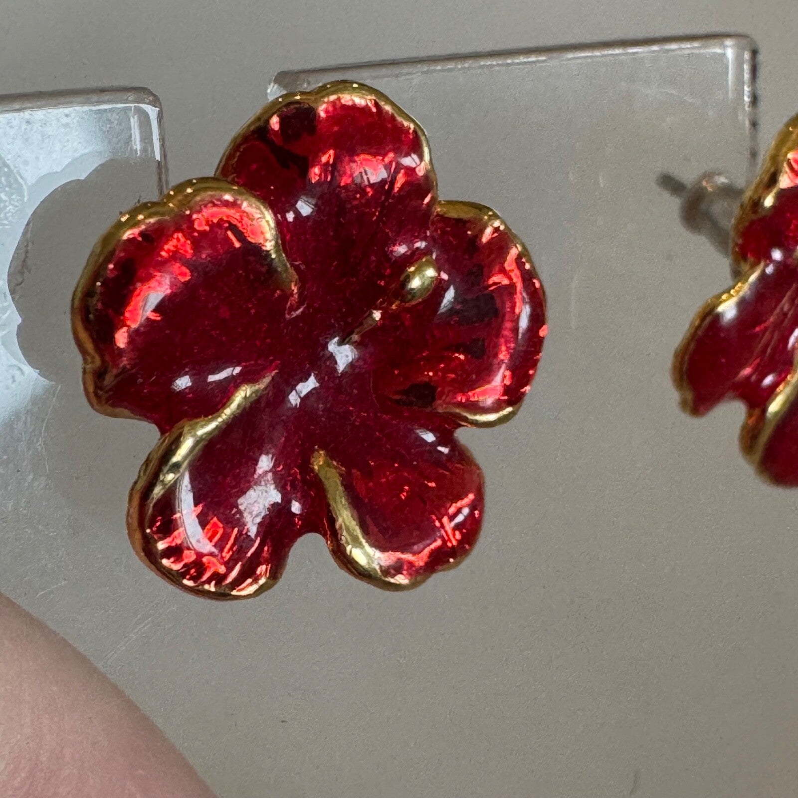 Vintage Red Enamel Plumeria Flower Pierced Gold Tone