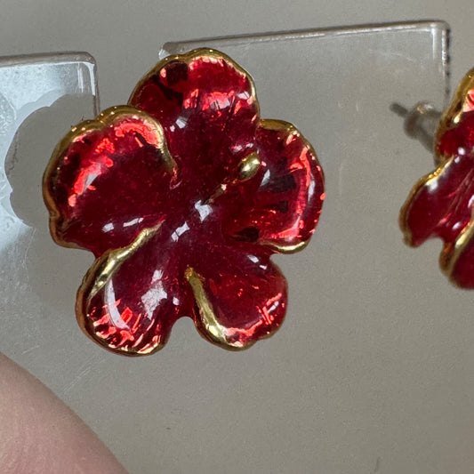 Vintage Red Enamel Plumeria Flower Pierced Gold Tone