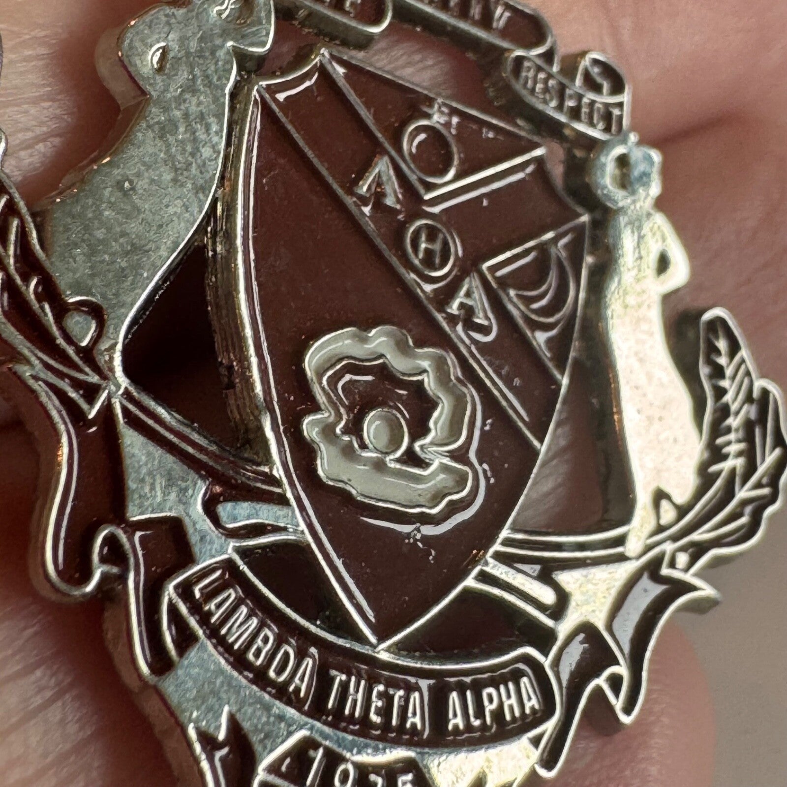 Vintage Lambda Theta Alpha Latin Sorority Coat of Arms Crest Shield Lapel Pin 