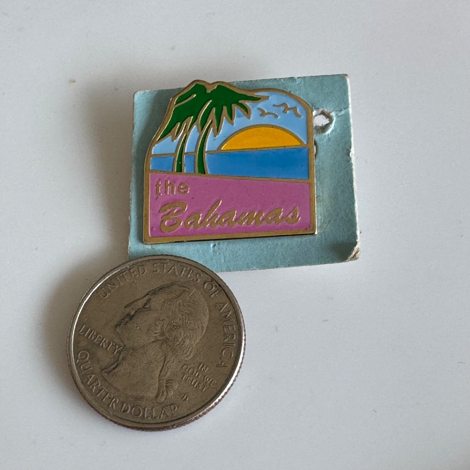The Bahamas Sunset Enamel Pin – Palm Trees & Ocean View on Card