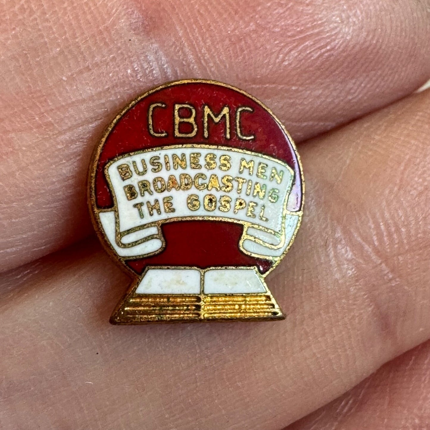 Vintage CBMC “Business Men Broadcasting the Gospel” Red & Gold Pin Screw Back