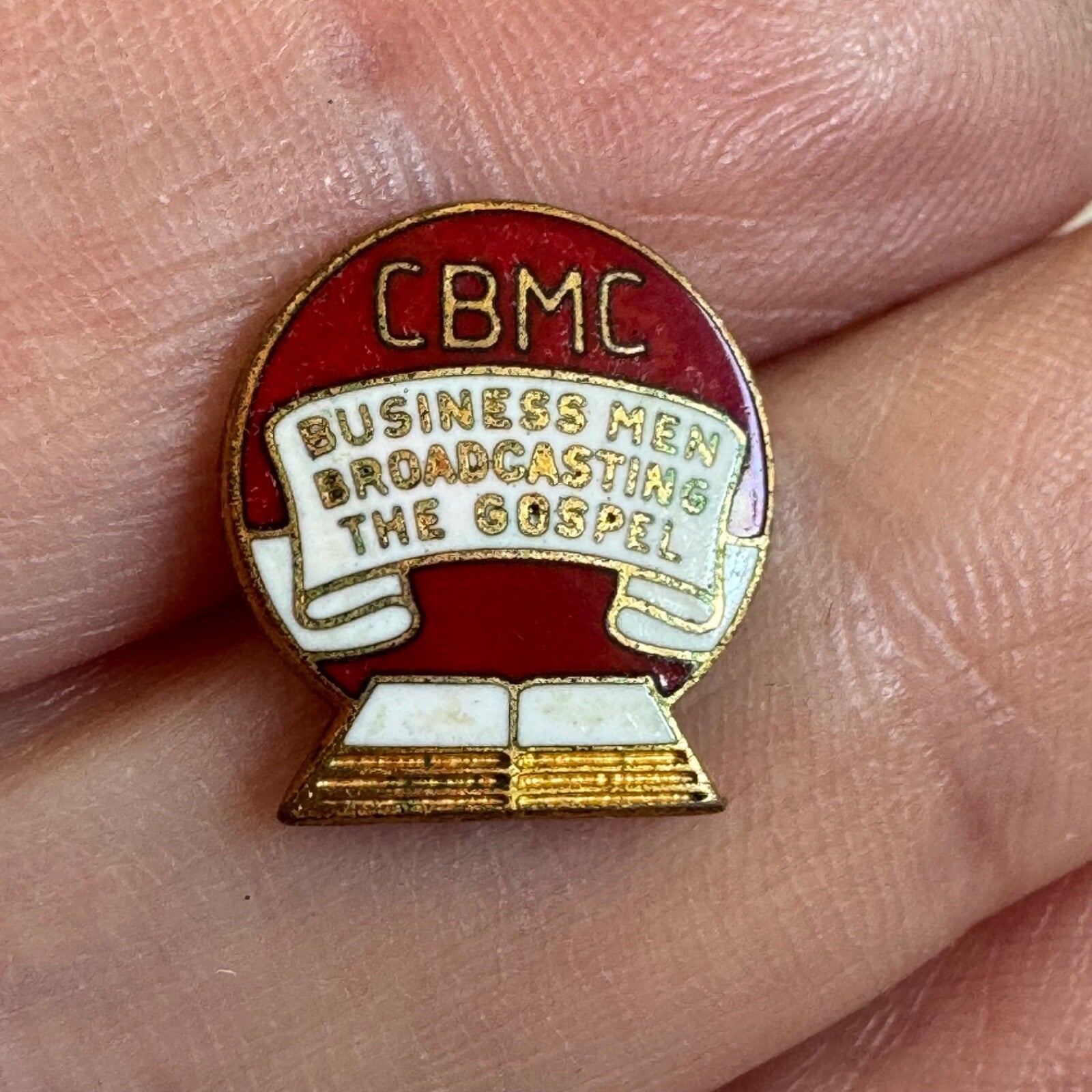 Vintage CBMC “Business Men Broadcasting the Gospel” Red & Gold Pin Screw Back
