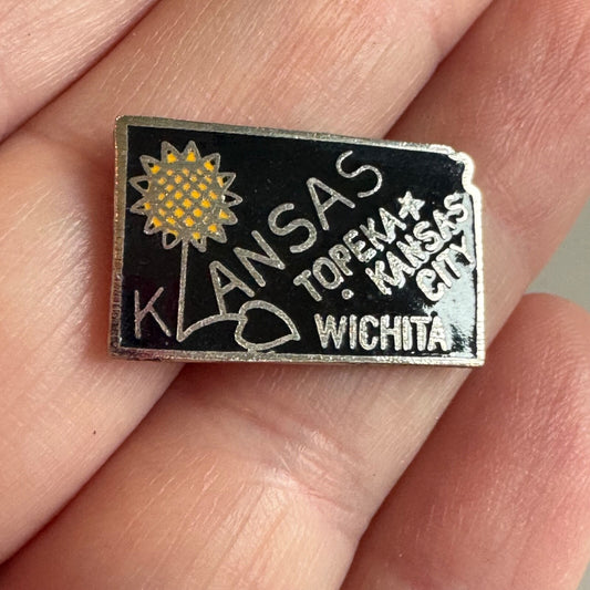 Vintage Kansas State Shaped Souvenir Tourist Lapel Pin Sunflower