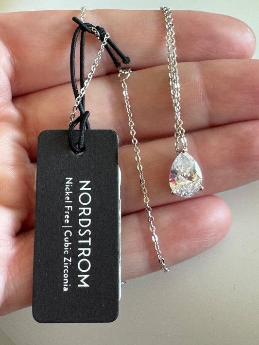 Nordstrom Pear Shaped Silver Tone Teardrop Pendant New with Tags CZ