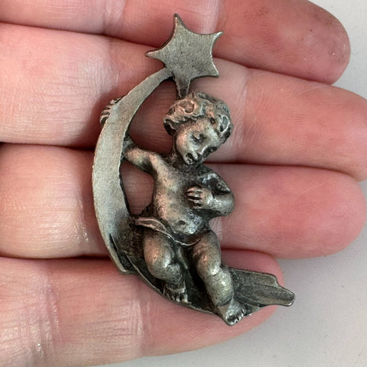 Vintage Pewter Cherub on a Crescent Moon Lapel Pin Brooch with Star Angel