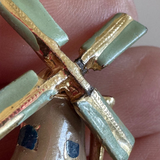 Vintage Windmill Brooch Enamel Enamel Grey Green Gold Tone