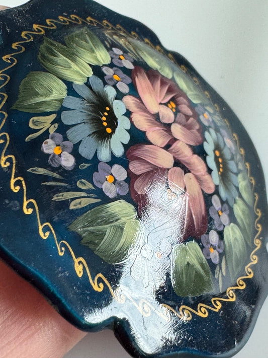 Vintage Hand Painted Russian Floral Lacquer Brooch – Blue Scalloped Signed